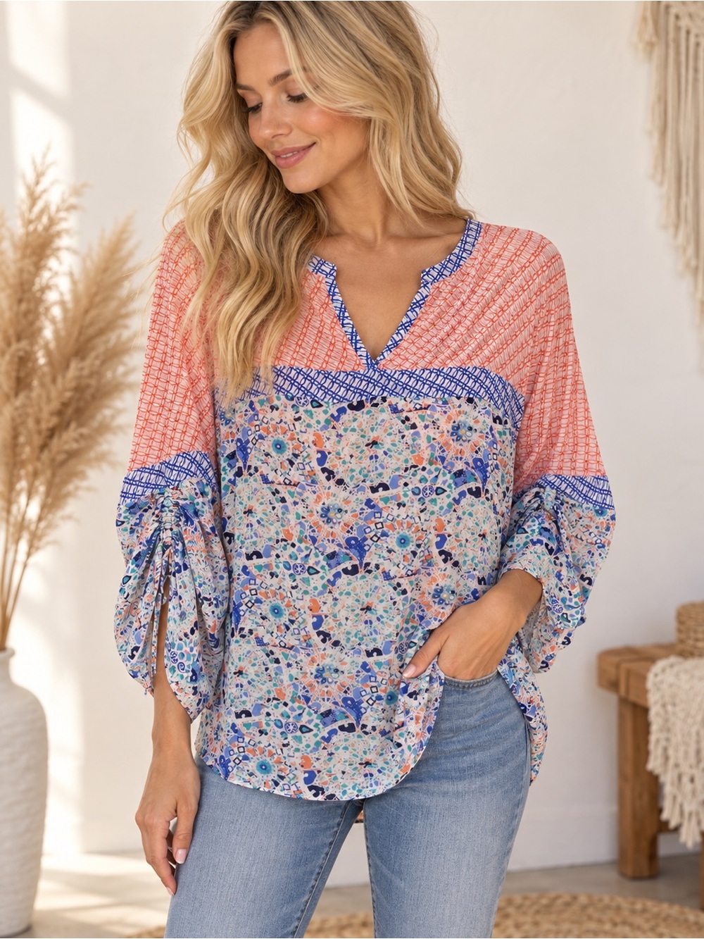 Floral Patchwork V-Neck Blouse in Coral & Blue